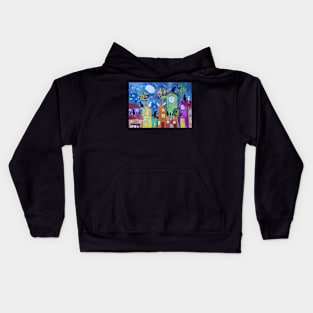 Black and White Cats on Colourful Roofs Moon Gazing Kids Hoodie